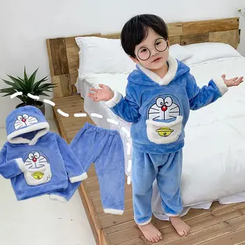 Rudenį, Žiemą Plius Aksomo Vaikų Pijamas Rinkiniai Animacinių filmų Doraemon Bamblys Vaikai naktiniai drabužiai Berniukams, Šiltas, Kūdikių Berniukų Sleepwear Kostiumas