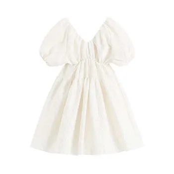 [EAM] Moterys, Baltos spalvos Klostuotas Padalinta Temperamentas Suknelė Nauja V-Kaklo Sluoksniuotos Rankovėmis Palaidi Tinka Mados Banga Pavasario Vasaros 2021 1W265