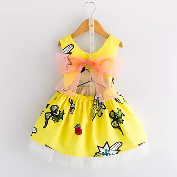 2019 Vaikų siūlų suknelė vasaros naujus girls cartoon spausdinti backless lankas suknelės ababy mergina rankovių princesė suknelė