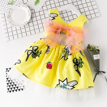 2019 Vaikų siūlų suknelė vasaros naujus girls cartoon spausdinti backless lankas suknelės ababy mergina rankovių princesė suknelė