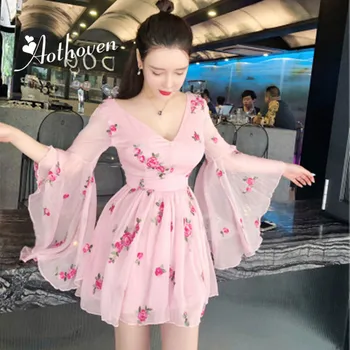 2021 Naujas Vasaros Derliaus Tvarstis Gėlių Siuvinėjimas Suknelė Moterims Rožinė Ilga Blyksnius Rankovėmis V-kaklo Suknelė Vintage Seksualus Suknelės, Šaliai