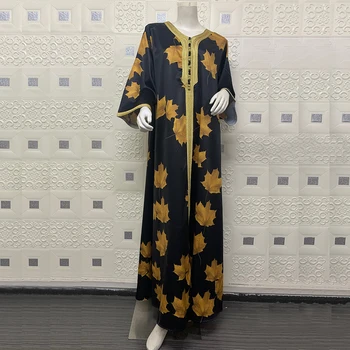 Siskakia Elegantiškas Etninės Abaja Suknelė Moterims Juostelės V-Kaklo, ilgomis Rankovėmis Klevo Lapų Spausdinimo arabų Musulmonų Turkija Drabužius Juoda