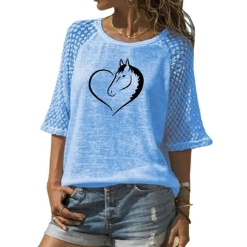 Naujas Arklys Raidžių Spausdinti Nėrinių Įgulos Kaklo Marškinėliai T-Shirt Moterims, Plius Dydžio Marškinėlius Top Marškinėliai Tumblr Mielas Femme Dydis Camiseta