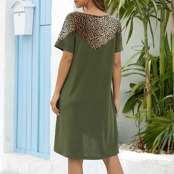 Moterų Leopard Print Suknelė Sujungimas Prarasti-Line Trumpas Rankovės O-Kaklo Mini Suknelė su Kišenėmis Atsitiktinis Vasaros Atostogų Shift Suknelė