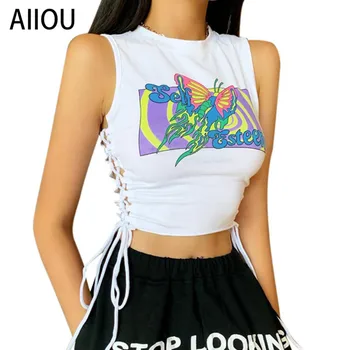 AIIOU Streetwear Seksualus Pusėje Raišteliu Tvarstis Tuščiaviduriai Iš Balto Print Tank Top Ladies Vasaros Moterų Hip-Hop ' O Kaklo Pagrindinės Viršūnės