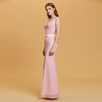 Dressv rožinės spalvos vakarinę suknelę pigūs v kaklo undinė bowknot nėrinių grindų ilgis vestuves oficialų suknelė trimitas vakaro suknelės