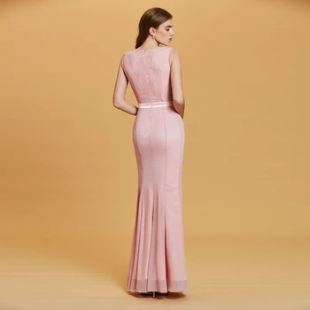 Dressv rožinės spalvos vakarinę suknelę pigūs v kaklo undinė bowknot nėrinių grindų ilgis vestuves oficialų suknelė trimitas vakaro suknelės