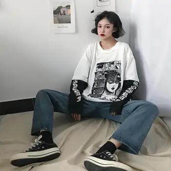 Street, hip-hop ' Harajuku Marškinėlius moterų netikrą dviejų dalių spausdinimo Japonija Kinija siaubo komiksų ilgomis rankovėmis marškinėliai, moteriški viper moteris