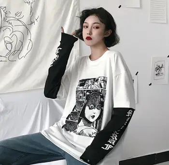 Street, hip-hop ' Harajuku Marškinėlius moterų netikrą dviejų dalių spausdinimo Japonija Kinija siaubo komiksų ilgomis rankovėmis marškinėliai, moteriški viper moteris