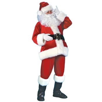 7pcs Kalėdų Senelio Kostiumas Kalėdų Skrybėlę Santa Claus Cosplay Kostiumas Nustatyti Hat + Barzda + Top + Kelnės + Diržas + Pirštinės + Odiniai Batai