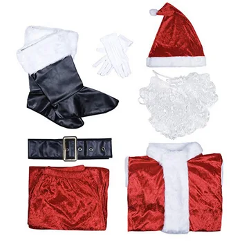 7pcs Kalėdų Senelio Kostiumas Kalėdų Skrybėlę Santa Claus Cosplay Kostiumas Nustatyti Hat + Barzda + Top + Kelnės + Diržas + Pirštinės + Odiniai Batai