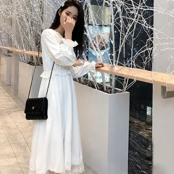 Prancūzijos Šifono Visą Rankovės Pasakų Suknelė Elegantiška Balta Moterų Slim Ilga Suknelė Rudens Drabužiai Pietų Korėja Vestuves Vakare 2020 M.