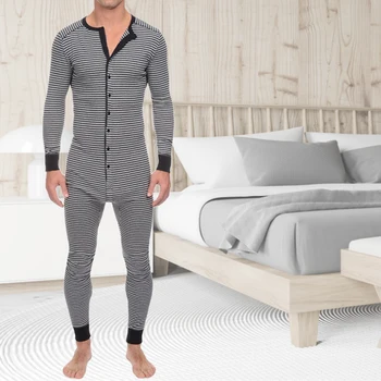 Naujas Vyrų Dryžuotas Jumpsuit Homewear Liesas Laisvalaikio ilgomis Rankovėmis, O ant Kaklo Mygtuką Rompers Sleepwear Patogus Mens Chalatas S-5XL