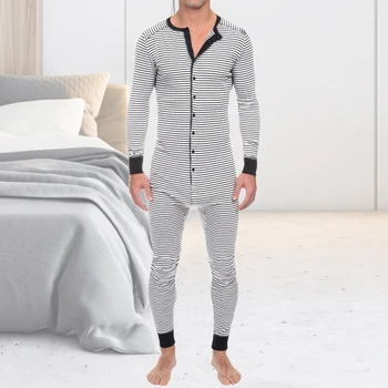 Naujas Vyrų Dryžuotas Jumpsuit Homewear Liesas Laisvalaikio ilgomis Rankovėmis, O ant Kaklo Mygtuką Rompers Sleepwear Patogus Mens Chalatas S-5XL