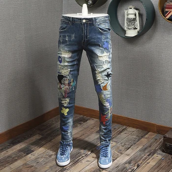 Mados Streetwear Vyrų Džinsai Slim Fit Siuvinėjimo Dizaineris Kankina Džinsai Vyrams Sunaikinta Baggy Pants Elastinga Pleistrai Hip-Hop Džinsai