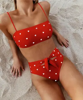 Sexy Moteris Strappy Paminkštinta Push-up Širdies Spausdinti Bikini Rinkiniai Vasaros Paplūdimio Juostinės Tvarstis Aukšto Juosmens maudymosi kostiumėlį, Maudymosi Kostiumą Paplūdimio