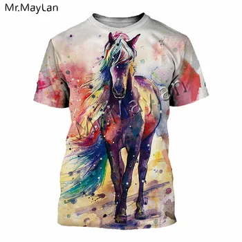 Spalvinga aliejaus tapybai arklių žmogaus T-shirt 3D atspausdintas o-kaklo trumpomis rankovėmis t shirts Harajuku berniukas hip-hop streetwear viršūnes drabužiai