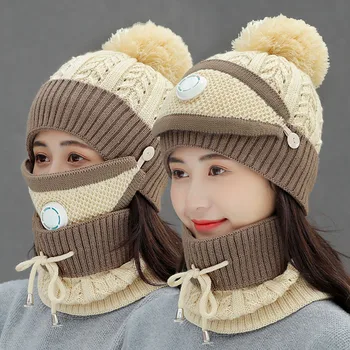 2020 Naujausias Dizaino Šiltas Žiemos Skrybėlę Nustatyti, Vilna, mezgimo Kaklo Šaliką Dangtelis su Kauke Elastinga Manau, Kepurės Stabdžių Šalto Bžūp Rinkinys