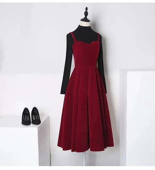 Aukso aksomo suknelė moterų rudens/žiemos kilnus magenta diržas sijonas pokylių dirželis suknelė sijonas nustatyti sijonas.