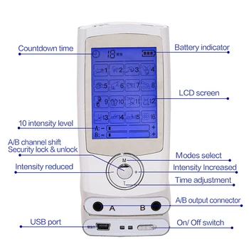 Skaitmeninis 16 Rūšių Nešiojamų Elektros Impulsų DEŠIMTIS EMS Massager Mašina, LCD Ekranas +16 Terapijos Režimai + Dual Išėjimo Masažo Priemonės Dėžutė