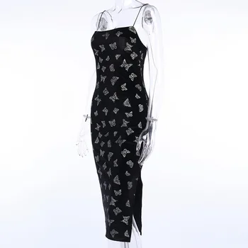 NCLAGEN Drugelis Spausdinti Padalinta Midi Suknelė Moterims Gotikos Stiliaus Tamsiai Spageti Dirželis Bodycon Suknelės Klubo Pakuotės Tinkamumo Vestidos