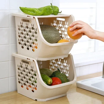 Virtuvės Saugojimo Krepšys Plastiko Multi-Funkcinis Tuščiaviduriai Daržovių, Vaisių Lentynos Su Dangčiu Saugojimo Krepšys Organizatoriai (Smėlio Spalvos)