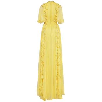 Elegantiškas, Seksualus V-kaklo Geltonas Raukiniai, Nėriniai Plisuotos Ilgas Šalis Suknelė Moterims Atostogų Bohemijos Paplūdimio Vasaros Suknelė 2020 m.