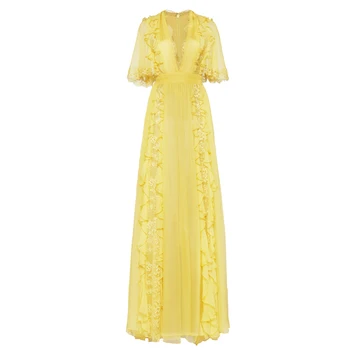 Elegantiškas, Seksualus V-kaklo Geltonas Raukiniai, Nėriniai Plisuotos Ilgas Šalis Suknelė Moterims Atostogų Bohemijos Paplūdimio Vasaros Suknelė 2020 m.