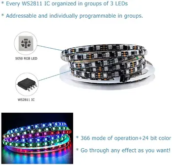 12v RGB LED Juostelės,WS2811 Skaitmeninis LED Juostelė 12 Volt DC 16,4 ft 5M 30led/M LED String IP30 Vandeniui Juoda PCB Namų