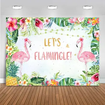 Tegul Flamingle Fone Vasaros Tropinių Gėlių, Palmių Nuotrauka Fone Havajų Stiliaus Flamingo Gimtadienio Kūdikių Dušas Šaliai Dekoro