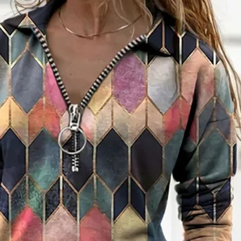 Moterų Derliaus Geometrinis Spausdinti marškinėliai Pavasarį, Rudenį Atsitiktinis ilgomis Rankovėmis Megztinis Viršūnes Ponios 3XL Elegantiškas V Kaklo Prarasti Blusa #19