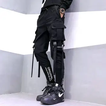 2020 naujas hip-hop jogger vyriškos juodos haremo darbo drabužiai multi-pocket juostelės vyriškos sportinės kelnės streetwear atsitiktinis vyriškos laisvalaikio kelnės