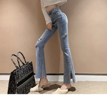 2020 m. pavasario mados moterų aukšto juosmens denim džinsai tiesūs džinsai pusės split džinsai retro moteris ilgai capri kelnės