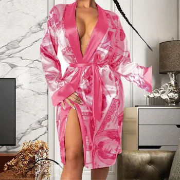 Seksualus Pinigų Spausdinti Satino Chalatai Moterims Sleepwear Naktį Suknelė Namų Drabužius, Chalatas, Pižama Ištaigingas Dėvėti Kimono