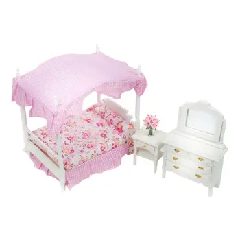 1:12 rožinis Lėlių namelis Miniatiūriniai Miegamojo Baldai Princesė Baldakimu Lovos Odininkas Lovos