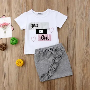 Pudcoco Vasaros Bamblys Baby Girl Drabužiai Laišką, Print T-Shirt Viršūnes Pynimas Mini Sijonas 2vnt Komplektus Medvilnės Drabužius Vasarą