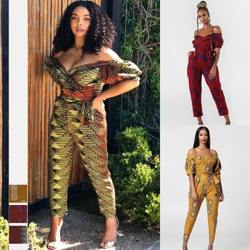 Afrikos naujas stilius rudens drabužių naujas skaitmeninis spausdinimas moterų sexy vienas-line apykaklės stebėjimo rankovėmis jumpsuit