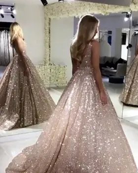 Blizgantis Aukso China Vakaro Suknelės 2020 Backless Vakare Šalies Chalatai V-kaklo Sparkle Bordo Kamuolys Suknelė Prom Dress