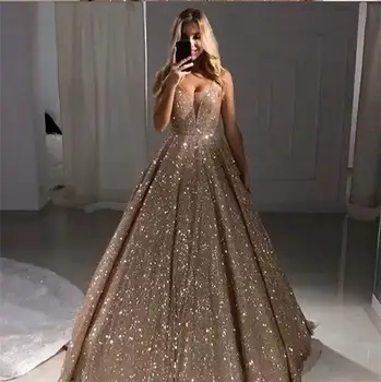 Blizgantis Aukso China Vakaro Suknelės 2020 Backless Vakare Šalies Chalatai V-kaklo Sparkle Bordo Kamuolys Suknelė Prom Dress