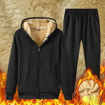 2021 Žiemos vyriškos Juodos Vilnos 3 Gabalus Nustatyti Tirštėti Šiltas Hoodies Megztinis + Kelnės + Outwear Nustatomi Laisvi Atsitiktinis Mados Vyrų Kostiumai