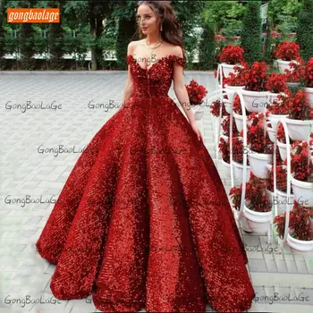Sparkly Raudona Vestuvinė Suknelė Nėrinių Kamuolys Suknelė 2021 Chalatas De Mariée Off Peties Vestuvinės Suknelės Moterims Užsakymą Vestido De Noiva