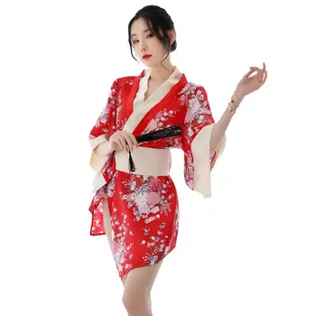Moterų Japonijos Trumpas Kimono Yukata Giliai V-Kaklo Gėlių Chalatas Cosplay naktiniai drabužiai M7DD