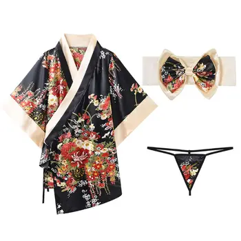 Moterų Japonijos Trumpas Kimono Yukata Giliai V-Kaklo Gėlių Chalatas Cosplay naktiniai drabužiai M7DD