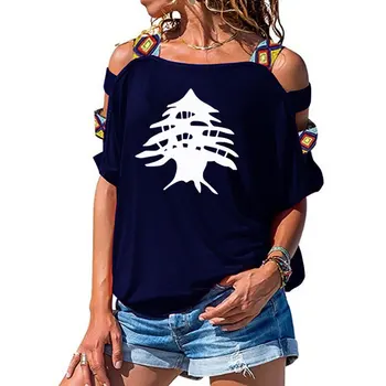 Moterų drabužiai Libano Kedro Medžio Mados Spausdinti Tee marškinėliai Moterims Viršų trumpomis Rankovėmis Moteriška Seksualus Tuščiaviduriai Iš Peties marškinėliai