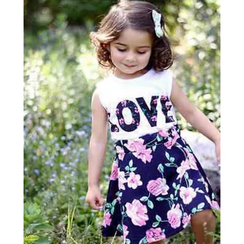 2018 m. Vasaros kūdikių mergaičių drabužių rinkinys vaikams Patinka atspausdintas T-shirt+Gėlių Sijonas 2vnt tiktų vaikams drabužių rinkinys 2-7T