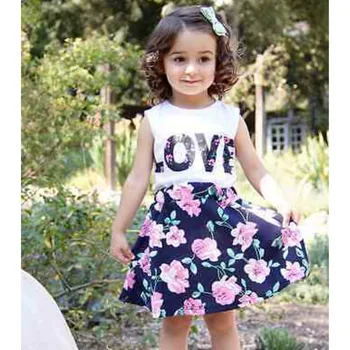 2018 m. Vasaros kūdikių mergaičių drabužių rinkinys vaikams Patinka atspausdintas T-shirt+Gėlių Sijonas 2vnt tiktų vaikams drabužių rinkinys 2-7T
