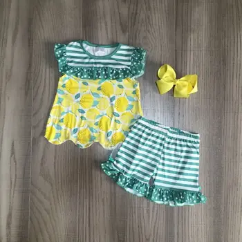 Kūdikių mergaičių vasaros drabužių vaikams, citrinų komplektus juostele žalia šortai citrinų top merginos boutique komplektai su laivapriekio