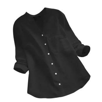 Ms Paprastas V-kaklo, ilgomis rankovėmis mygtuką marškinėliai Moterims Medvilnės skalbiniai, Atsitiktinis, Kietas ilgomis Rankovėmis Marškinėliai Palaidinė Mygtuką Viršūnes vientisos spalvos