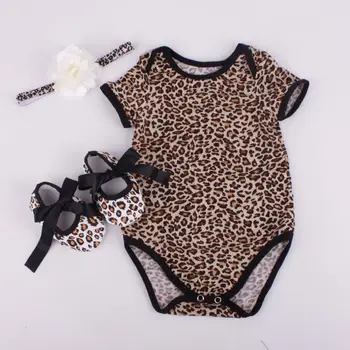 3PCS Rinkinys Naujagimiui Baby Berniukas ir Mergaitė Drabužių iki 2017 m. Vasaros trumpomis Rankovėmis Leopard Gėlių Romper Bodysuit +Lankelis +Batai Komplektai