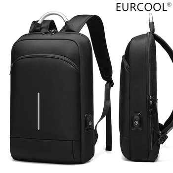 EURCOOL Plonas Verslo Nešiojamas Backpack15.6 Colių-Darbo Vyrų Kuprinė Unisex Black Slim Kuprinė Super Šviesos Paketas